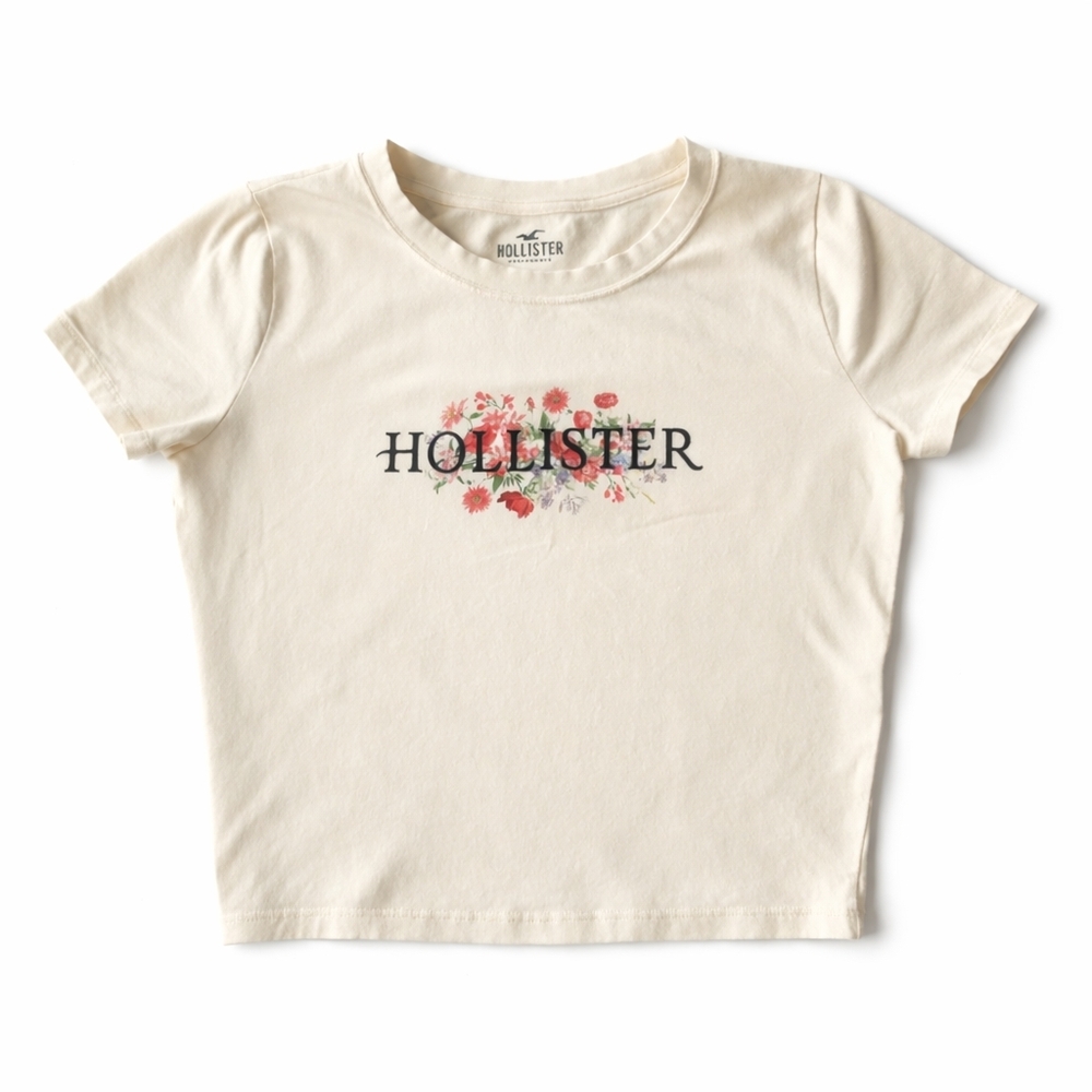 Hollister Floral Logo Tee Cream Graphic T-Shirt Size M Y2K Casual